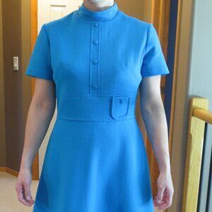 60s 70s Blue Vintage Mod Scooter Dress Textured Polyester Chevron Shift Mini
